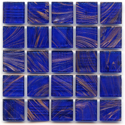 copper swirls accent the cobalt blue mosaic tiles